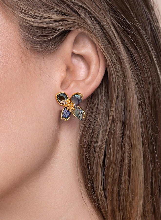 SNGIA 18K gold plated Mother of Pearl Flower Stud Statement Earrings for Women by SNGIA, Dainty Bold Retro Handmade Trendy Natural Sea Abalone Shell Floral Bohemian Jewelry Gifts, Small Unique Baroque Turquoise Stone Summer Beach Fashion Earrings Accessories, Vintage Gemstone Nickle Free Huggies Earrings. - Image 4